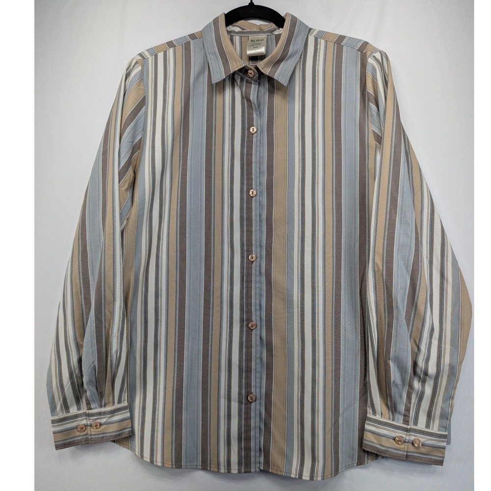 Blair‎ Womens Large Striped Button Down Shirt Long Sleeve Tan Blue Brown